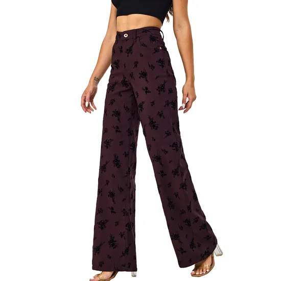 Custom Printed Female Dark Purple High Waist Straight Leg Women Denim Jeans