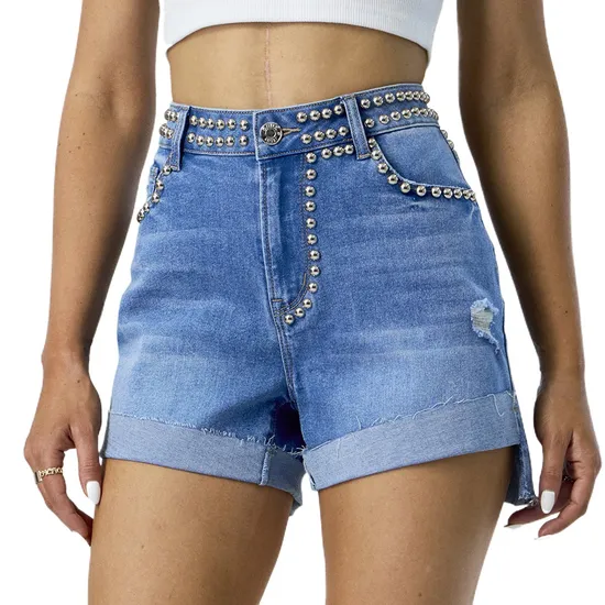 Custom High Rise Rhinestone Stitching Blue Washed Button Closure Women Denim Shorts