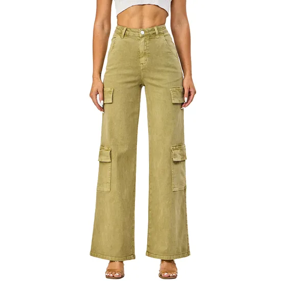 Custom High Waist Button Closure Cargo Pocket Wide Leg Boyfriend Denim Jeans for Women