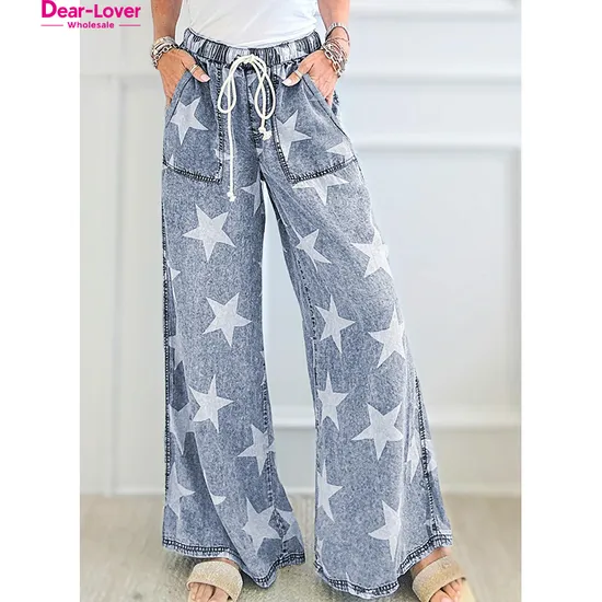 Dear-Lover Street Wear OEM ODM Star Print Light Wash Drawstring High Waist Wide Leg Jeans