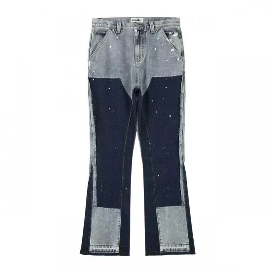 American High Street Washed Distressed Stitching Jeans Men′s Retro Splashed Ink Printing Wide Leg Denim Pants