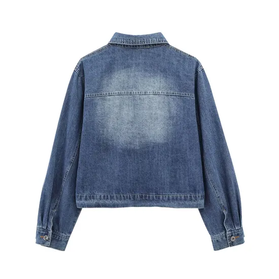Spring New Women′s Fashion Washed Short Long Sleeved Denim Jacket