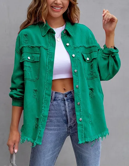 Women′s Ripped Street Denim Jacket Long Sleeve Shirt