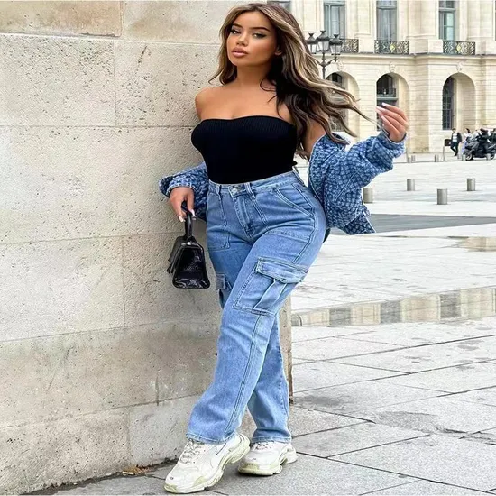 Big Pockets Women Denim Jeans Washed Loose High Waist Straight Fit Clothes
