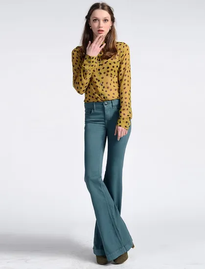 Wide Leg Jeans Denim Long Pants with Front Zipper for Lady