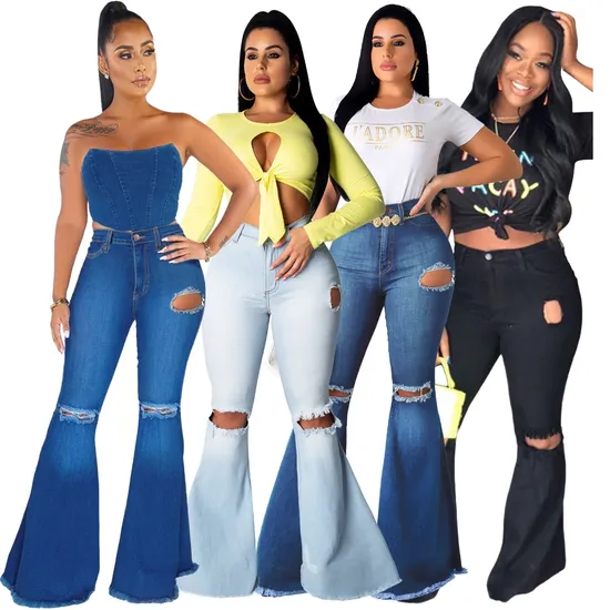 Women Plus Size Women High Waist Ripped Big Feet Flared Jeans Women Trousers