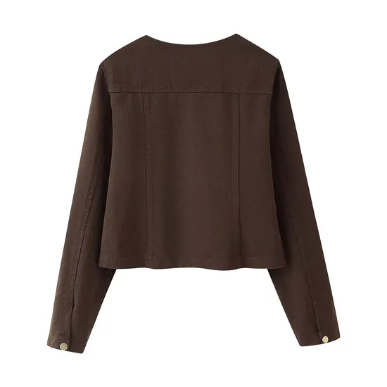 Spring New Women′s Washed Round Neck Long Sleeved Denim Jacket