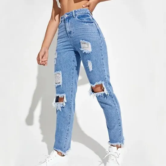 OEM Custom Blank Printed Jeans High Quality Ladies Designer Blue Ripped Distressed Women Denim Jeans