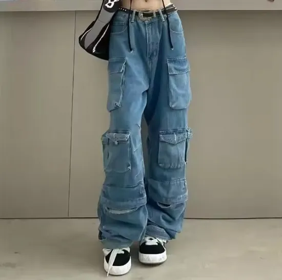 Custom Cargo Pants Women High Quality Girls Tactical 6 Pocket Baggy Pants Pink Women′s Jeans Cargo Pants
