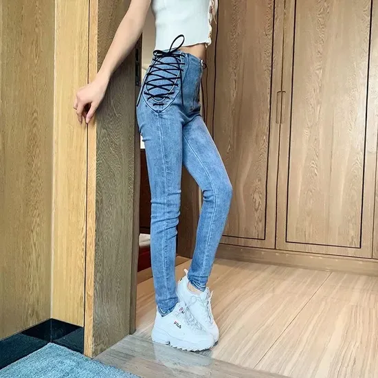 Ladies Fashion Wholesale Trousers Skinny Pants Pantalones Side Lace up High Waisted Denim Jeans