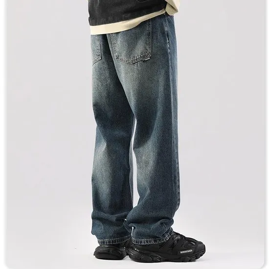American Style Heavyweight Men′s Draping Versatile Wide Leg Pants Japanese Style Large Size Washed Vintage Jeans