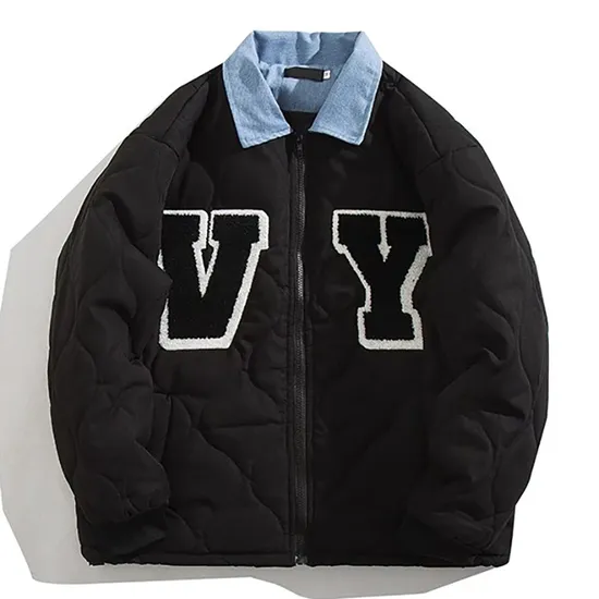 Quilted Puffer Applique Embroidery Womens Coat with Denim Collar