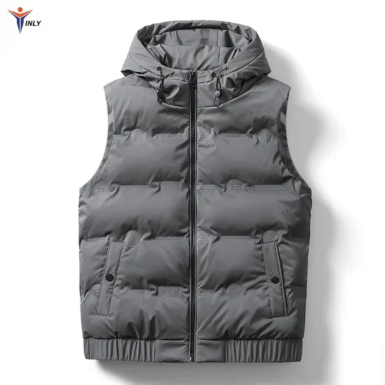 Custom Logo Men′s Winter Puffer Vest Plus Size Quilted Warm Sleeveless Hooded Jacket Solid Winter Coat Cotton Vest