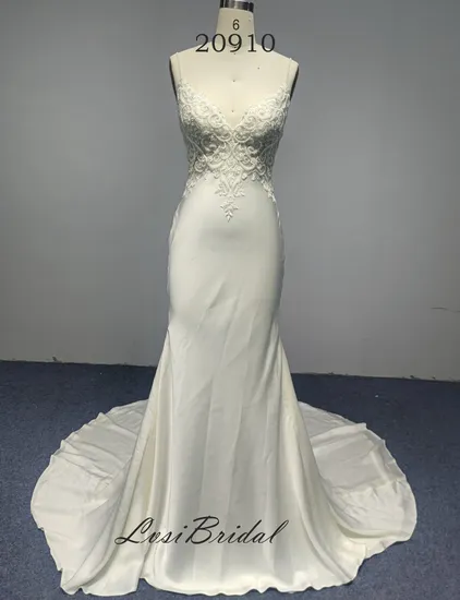 20910 Deep V Neckline Beads Lace Wedding Dress with 65 Inch Train Mermaid Wedding Dresses Soft Satin Skirt Ivory