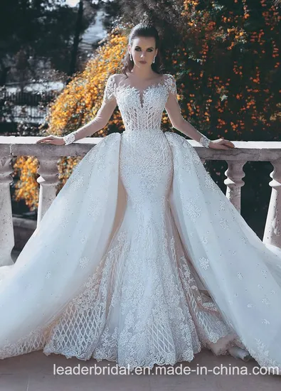 Long Sleeves Lace Bridal Wedding Dress Detachable Train Ball Gowns E15119