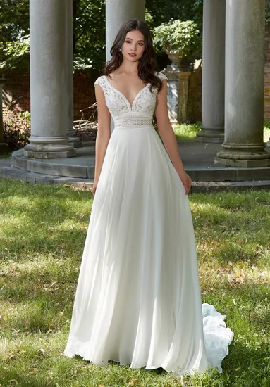 Cap Sleeves Bridal Gowns Long Lace Chiffon Wedding Dresses Z9022
