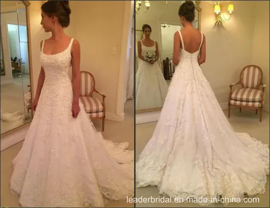 A-Line Bridal Ball Gown Plus Size Square Neck Lace Wedding Gown D09