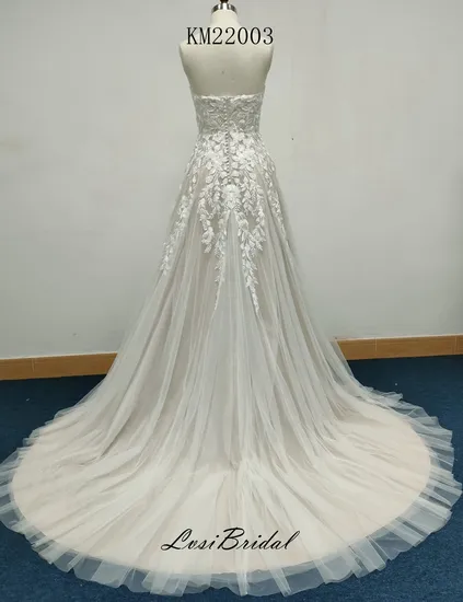 22003 Sweetheart Necklitne Lace Wedding Dress with Long Train A-Line Tulle Skirt Foreign Trade Simple Bridal Wedding Gown Dress with Factory Wholesale