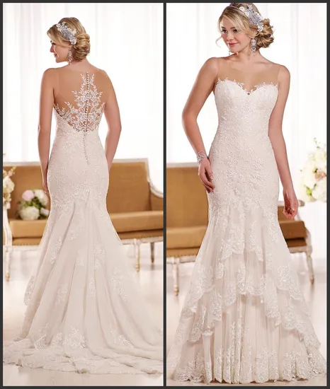 Sheer Neckline Bridal Gowns Buttons Lace Wedding Dress Ens1912
