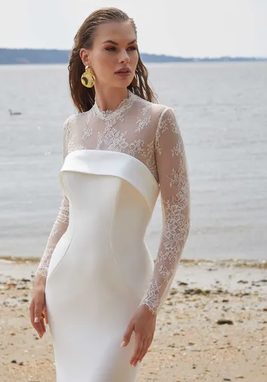 Simple Detachable Long Sleeve High Neck Lace Jacket Satin Mermaid Bridal Wedding Dress