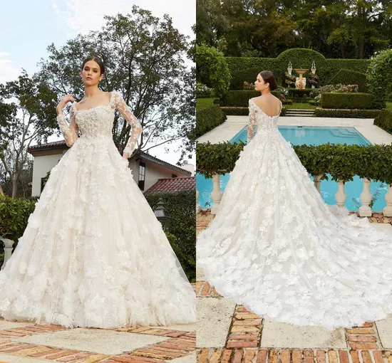 Square Neckline Bridal Wedding Gown Tulle 3D Flowers Wedding Dress D1604