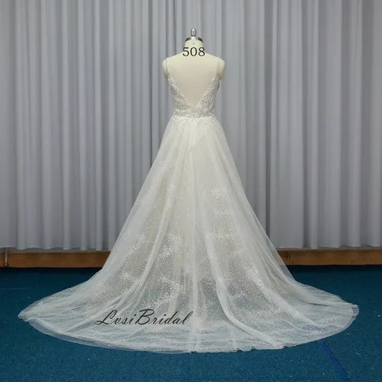 508 Deep V Neckline Illusion Bodice and Spaghetti Straps with Wedding Dresses A-Line Sparkling Tulle Dress Directly Supplied by Manufacturer Bridal Dress