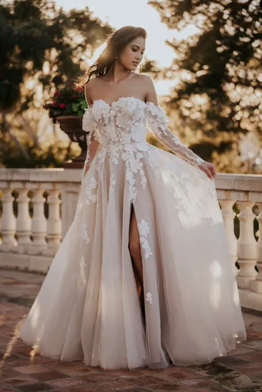 2024 New Custom Made off Shoulder High Slit A Line Detachable Long Sleeve Lace Wedding Dress Gown