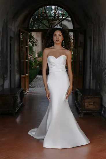 Strapless Sweetheart Ruched Satin Bodice Detachable Long Sleeve Mermaid Wedding Bridal Train Dresses