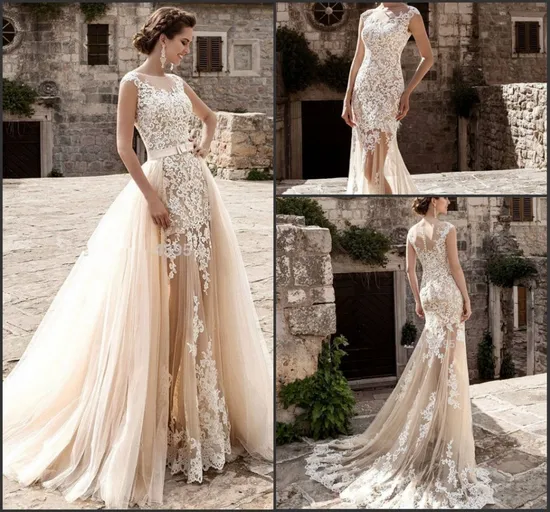 Champagne Bridal Dresses Lace Mermaid 2 in 1 Wedding Gowns Extra Train Z3003