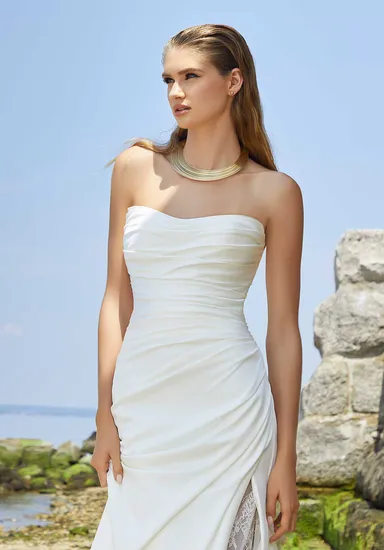 Modern A-Line Strapless Draped Satin Lace Skirt Slit Long Train Wedding Party Dress