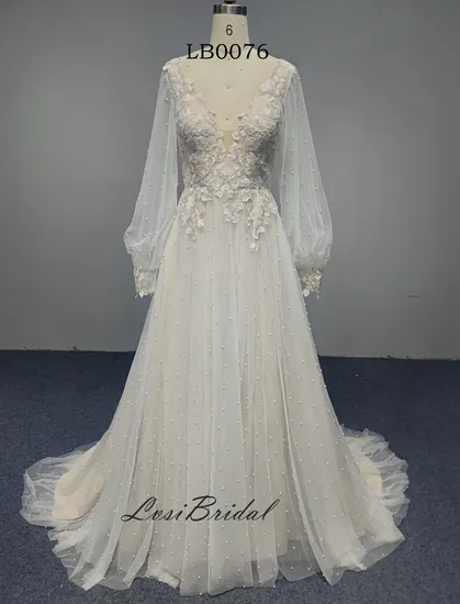 0076 Deep V Neckline Long Sleeve Lace with Pearl Tulle A-Line Skirt Bridal Gown Dress with Long Train Dress with Directly Supplied by Manufacturer Bridal