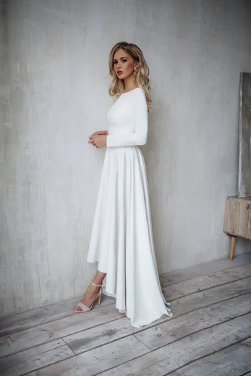 Hi-Low Bridal Gown A-Line Long Sleeves Short Wedding Dresses H147236