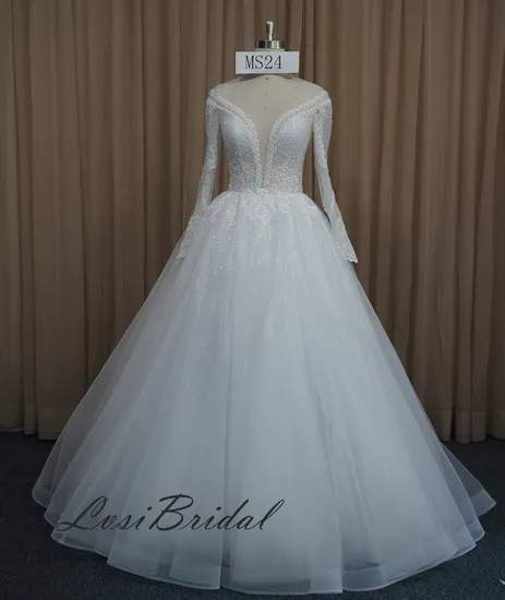 24 off Shoulder Long Sleeve Wedding Dress with Shirring Tulle Ball Gown Bridal Gown with Heavy Beading Dress with Detachable Tulle Train for Wholesale