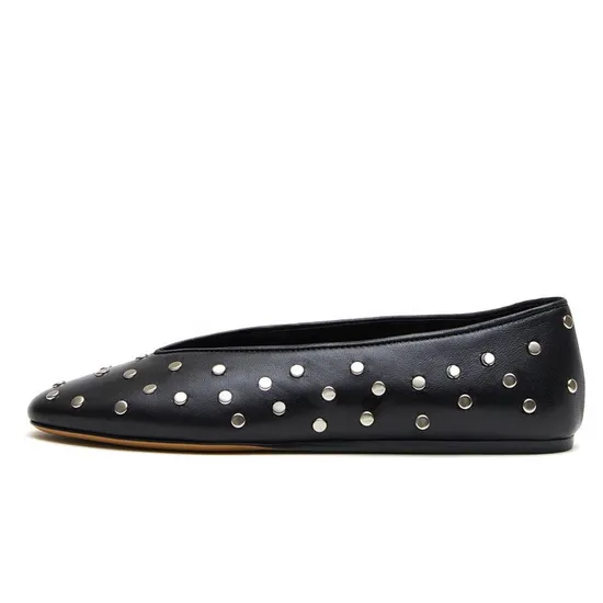 Almond Toe V Cut Studded Women Shoes Ballet Flats Women Calfskin Black White Leather Luxury Hand Made Flat