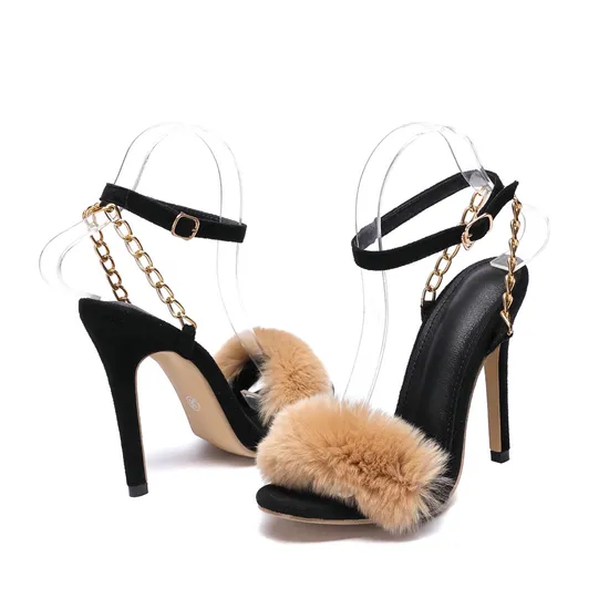 New Summer Lady Shoes Fluffy Stiletto Pointed Toe Black High Heels Women Sandals Zapatos