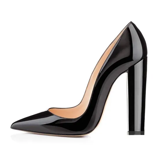 Women Pointed Toe Chunky Heel Pumps Black Patent Leather Suede Large Size High Heels