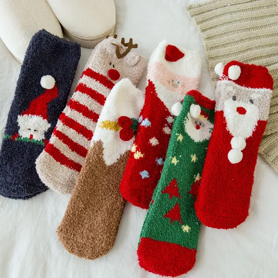 Multi Color Christmas Custom Wholesale Novelty Unisex Women Fuzzy Fleece Crew Socks