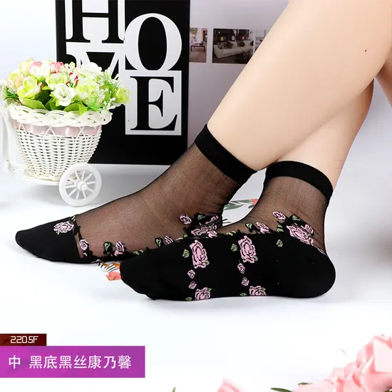 Fashion Floral Series Crystal Stockings in The Tube Women′s Stockings Transparent Glass Silk with Cotton Sole