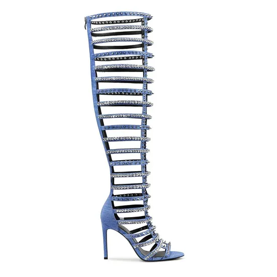 Studded Crystals Open Toe Rhinestone Blue Jeans Denim Stiletto Over Knee High Heel Gladiator Sandal Boots with Spikes