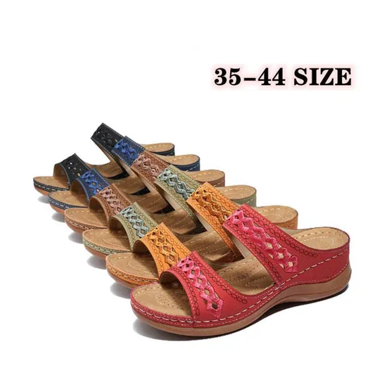 Wholesale Hot Selling Breathable Leather Embroidery Cut out Women Wedge Sandals Slippers
