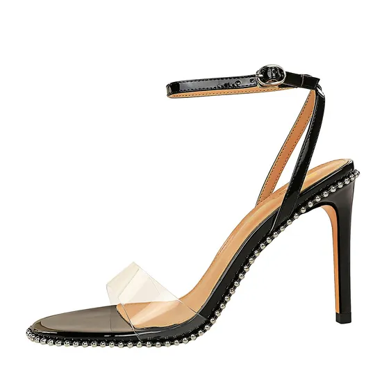 High-Quality Thin-Heeled Ladies Sandals with Beads Attached to Round-Headed Negatives in Summer Women Branded Shoes