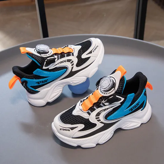 Boys Girls Shoes Hot Sale Rotary Buckle Student Breathable Running PU Sport Shoes