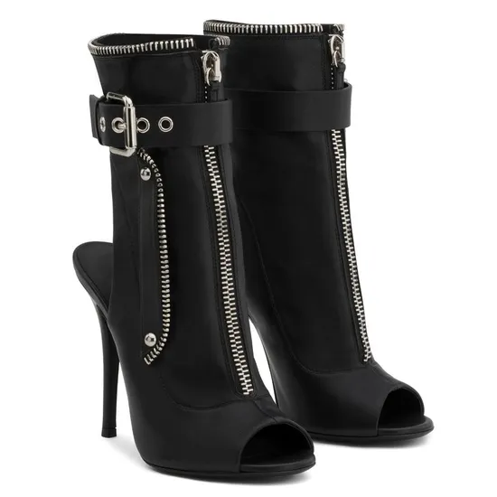 Women Black Peep Toe Slingback High Heel Ankle Boots Front Zipper Buckle Strap Booties Ladies Summer Heels Sexy Dress Shoes