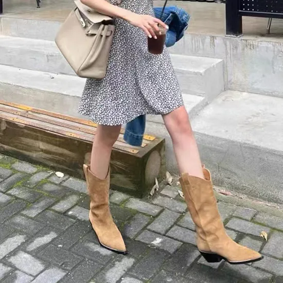 Stretch Suede Midcalf Hiqh Boots Womens Camel High Heel Pointed Toe Ladies Shoes