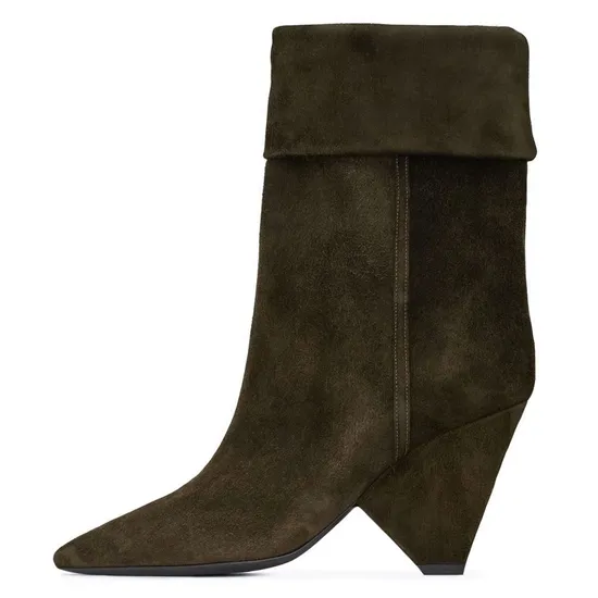 Trendy Pointed Toe Pull on Wedge Heel Fold Over Green Ankle Booties Short Overlay Boots Plus Size