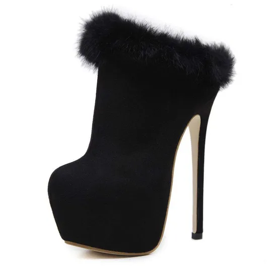 Women Black Shoes Women Suede Ankle Fur Design Ladies Stiletto High Heel Platform Slip Onboots Shoes