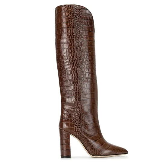 Stylish Brown Crocodile Pattern Chunky High Heel Ladies Knee High Boots