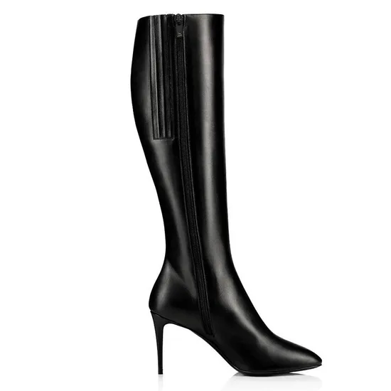 Factory Wholesale Handmade Black PU Leather Women Fashion High Heels Knee High Boots