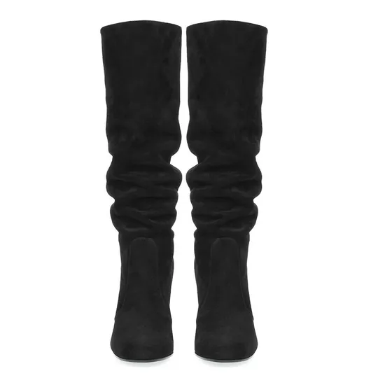 Faux Suede Round Toe Chunky Heel Shoes High Heels Ladies Knee Boots Plus Size Shoes Party Winter Boots for Women