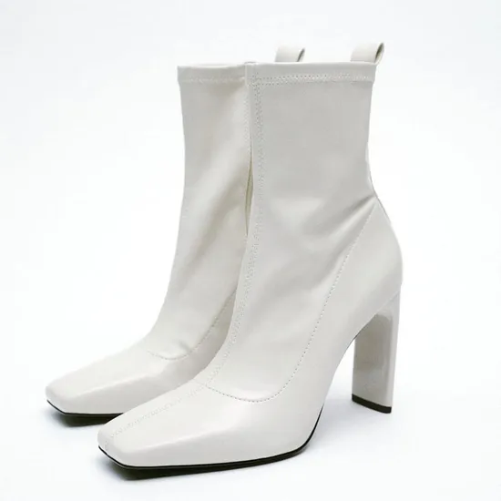 Fashion White High Heel Pointed Toe Heeled Ankle Booties Thin Heel Boots for Ladies and Women